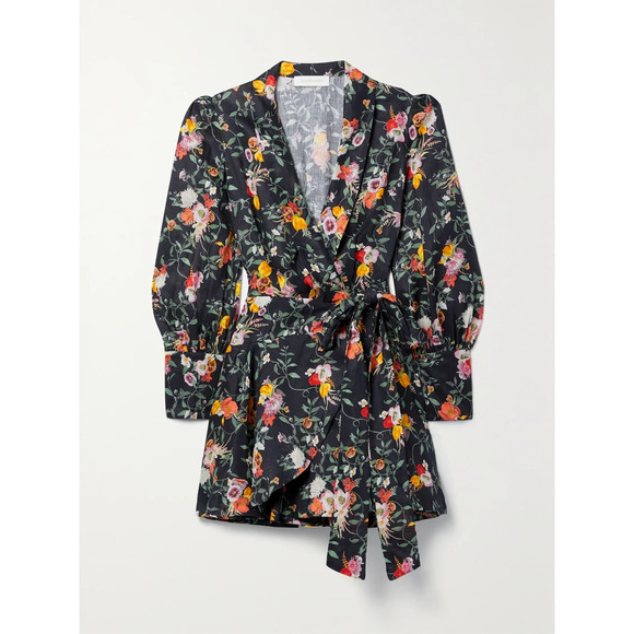 Zimmermann Dresses & Skirts - Zimmermann Floral-Print Black Linen Mini Wrap Dress Size 0